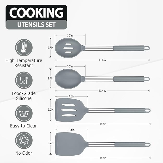 Pack of 4 Large Silicone Cooking Spatulas and Spoons, Slotted and Solid