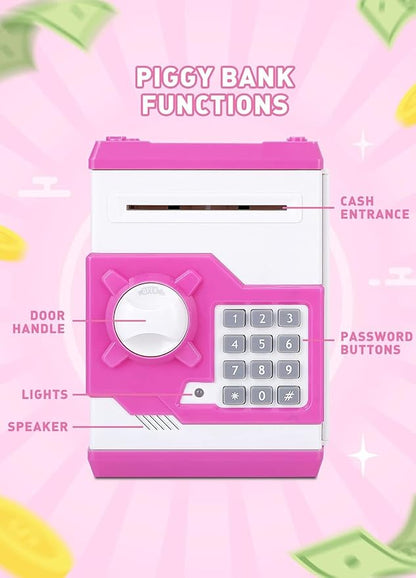 Piggy Bank for Girls Boys Large Electronic Money Coin Banks with Password Protection, Automatic Paper Money Scroll Saving Box, Great Gift for Kids (Pink-White)