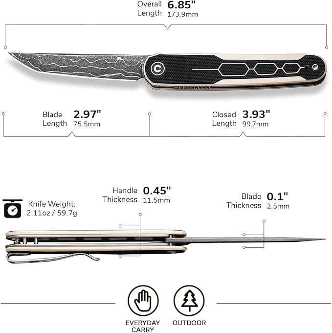 CIVIVI KwaiQ Pocket Knife, Folding Knife with Inline Flipper for EDC, 2.97" Damascus Tanto Blade Two-tone G10 Handle for Women Men C23015-DS1
