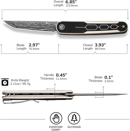 CIVIVI KwaiQ Pocket Knife, Folding Knife with Inline Flipper for EDC, 2.97" Damascus Tanto Blade Two-tone G10 Handle for Women Men C23015-DS1