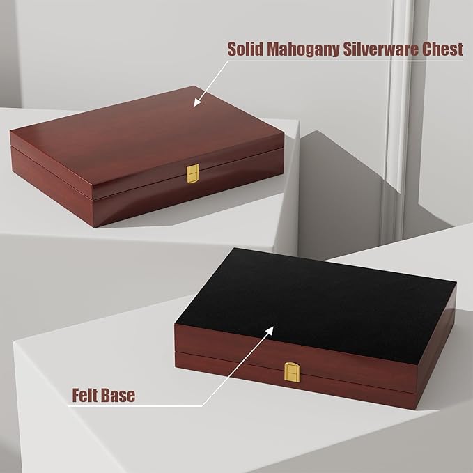Mahogany Wood Silverware Storage Box,Silverware Case Flatware Chest with Felt Lined,Flatware Storage Box for 12 sets of Utensils,Silverware Chest without Silverware,Silverware Organizer with Lid