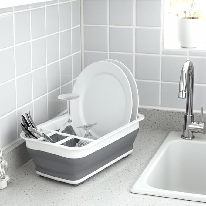 BNYD Plastic Collapsible Dish Drying Rack, Foldable Dinnerware Drainer Organizer