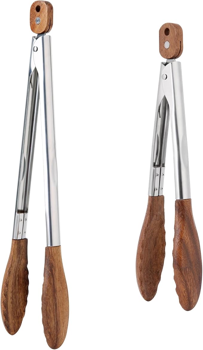 Kitchen Tongs Set - 9" & 12" Anti-Slip Long Wooden Cooking Tongs for BBQ, Grilling, Salad Tossing & Serving - Heat Resistant, Non-Stick Stainless Steel Handles with Hanging Hole