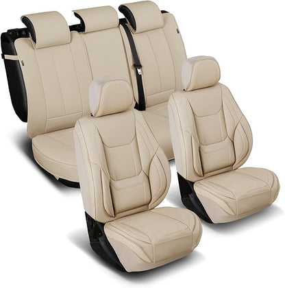 Coverland Custom Truck Car Seat Covers Full Set for [2019-2026 RAM 2500, 3500 Crew Cab Front Bucket Seats Rear Whole Bench Seat] - Protector Water Resistant Leather Seat Cushion [Full Set-Beige]
