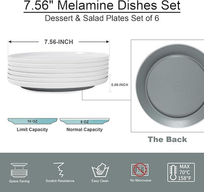 Webbylee Melamine Dessert Plates Set of 6-7.5" Serving Durable Dishes Perfect for Kitchen Outdoor Use,Durable Small Plates for Salad-White & Grey