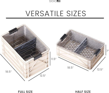SIDIO CRATE Starter Pack - Two Full Size and One Half Size SidioCrate, Stackable Outdoor Organizer Storage Bins with Clear Lid and Dividers - Tan
