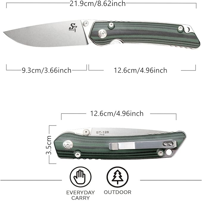 Sitivien ST128 Folding Knife,D2 Blade G10 Handle Safety Liner Lock EDC Tool Knife for Outdoor Hiking Camping-Green