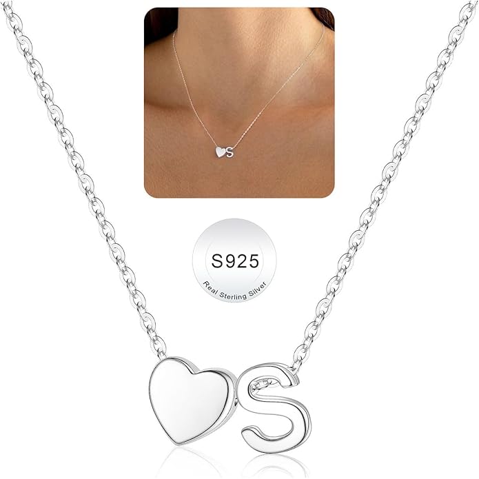 Turandoss S925 Sterling Silver Heart Initial Necklaces for Girls Teen Girls, Dainty S925 Sterling Silver Tiny Heart Initial Necklace Letter Necklaces Trendy Jewelry Gifts for Girls Teen Girls