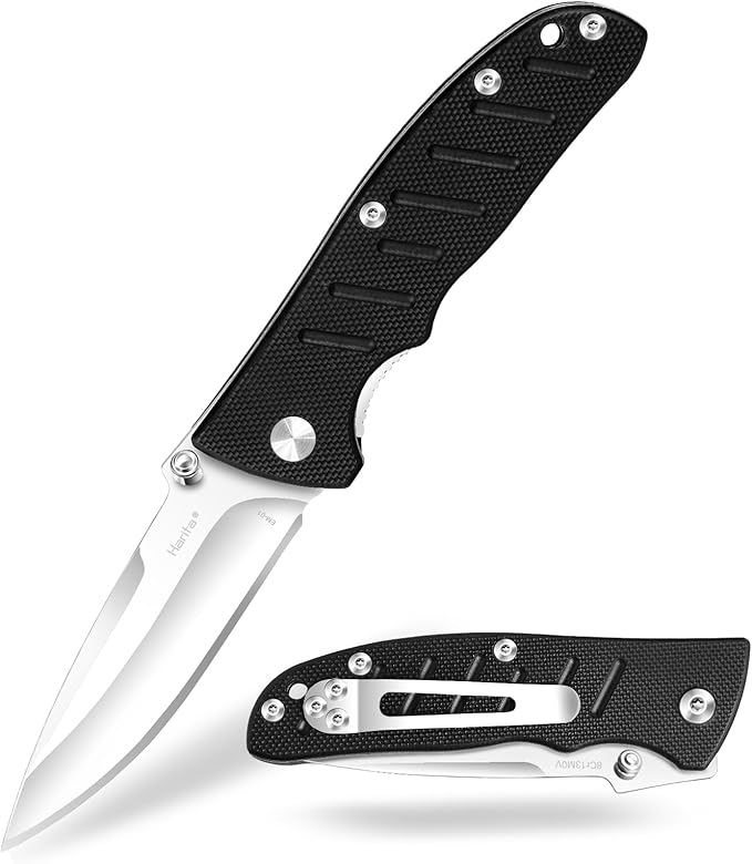 Harita Pocket Knife Folding EDC Knife with Belt Clip, 2.76 inch 8Cr13MoV Straight Edge Blade, G10 Handle, Foldable Knife for Camping Finshing Hunting Survival for Men Women Black