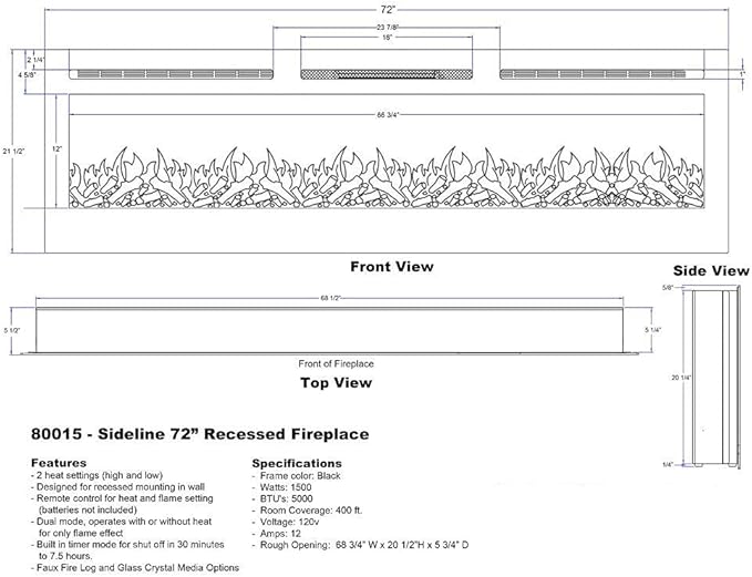 Touchstone Smart Electric Fireplace-The Sideline 72" Wide-in Wall Recessed