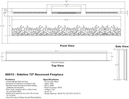 Touchstone Smart Electric Fireplace-The Sideline 72" Wide-in Wall Recessed