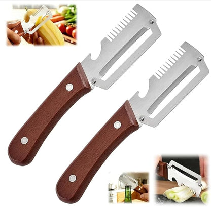 2 Pack MultiFunctional Vegetable Peeler, 3 in 1 Multi Functional Wooden Handle
