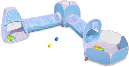 Action Air Kids Play Tent Set with Tunnel and Ball Pit, 5-in-1 Pop Up Playhouse for Toddlers 1-3, Blue