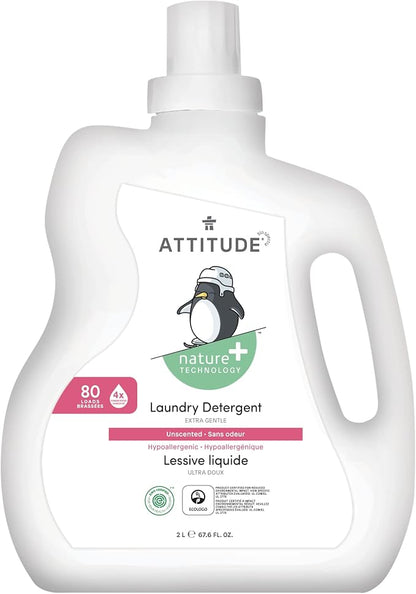 Bundle of ATTITUDE Baby Bottle and Dishwashing Liquid, EWG Verified, Vegan, Unscented, 23.7 Fl Oz + Baby Laundry Detergent, EWG Verified, HE Compatible, Unscented, 80 Loads, 67.6 Fl Oz