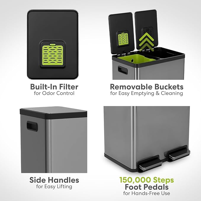 Simpli-Magic 16 Gallon Elegant Black Step Trash Can – Dual Compartment Kitchen