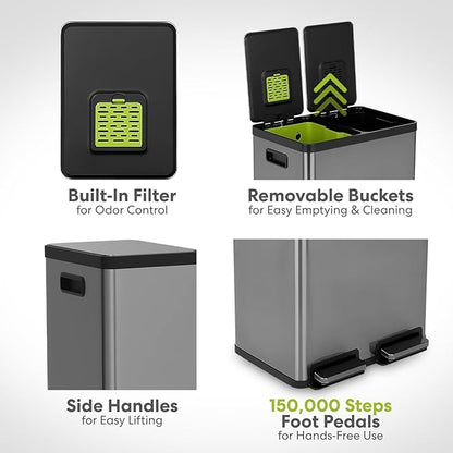 Simpli-Magic 16 Gallon Elegant Black Step Trash Can – Dual Compartment Kitchen