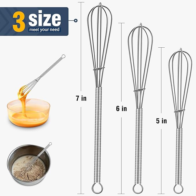 Small Whisk Stainless Steel, Mini wire whisk 3 Pieces, 5in, 6in & 7in Tiny Whisks Perfect for Whisking, Beating, Mixing Sauces & Blending Ingredients.