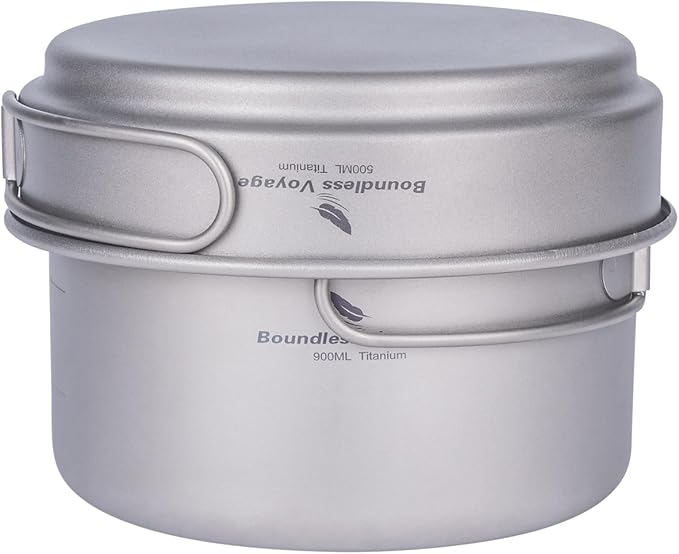 iBasingo Titanium Pot Pan Set with Folding Handle - Ultralight Portable Outdoor Cookware Mess Kit for Camping, Picnic, Travel & Backpacking (1080ml Soup Pot, 900ml Cup, 500ml Frying Pan)