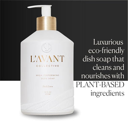 L'AVANT Collective The Ultimate Dish Wash Duo, Natural Luxury Dish Soap 16 Fl Oz with Refillable Glass Pump Bottle & 2 Loofah Dish Sponges for Pots, Pans, Dishes and Kitchen Cleaning, Fresh Linen