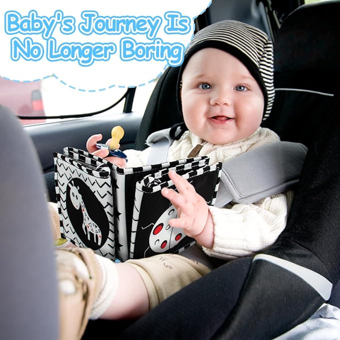 Cawgug Black and White High Contrast Baby Toys for Newborn Brain Development Tummy Time Soft Book Babies 0-3 6-12 Months Montessori Learning Activities Infant and Sensory Visual Stimulation Toys