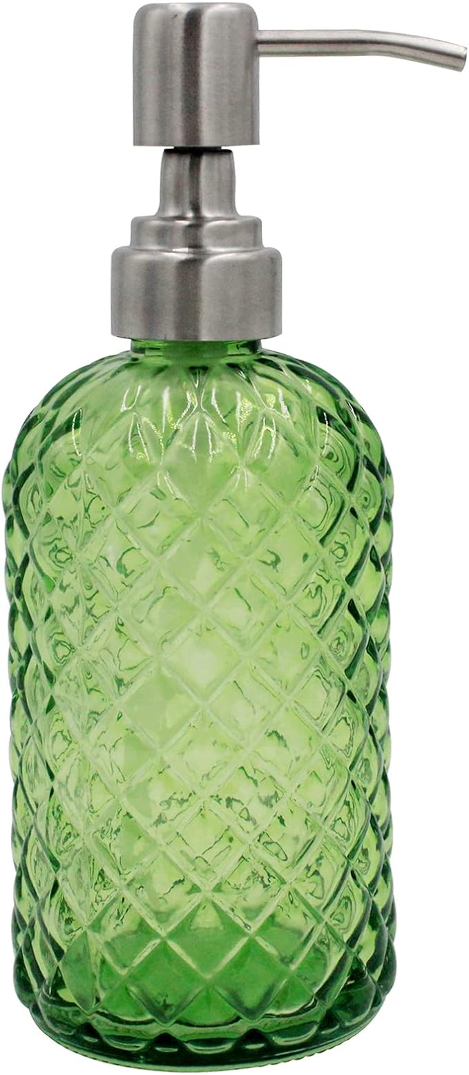 16 oz Diamond Pattern Glass Soap Dispenser, Kitchen and Bathroom Refillable