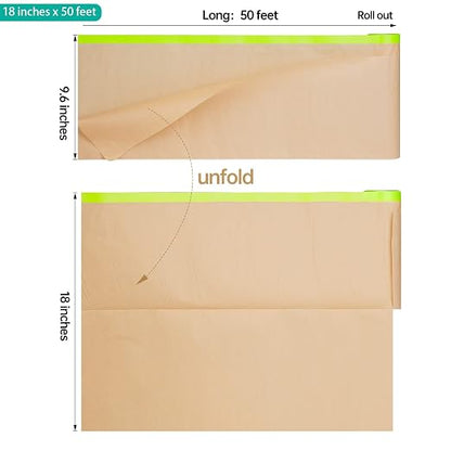 Tangibay Pre-Taped Masking Paper for Painting - 18 inch x 50 feet Tape and Drape Painters Paper, Paint Adhesive Protective Paper Roll for Covering Skirting, Frames, Cars and Auto Body (3 Rolls)
