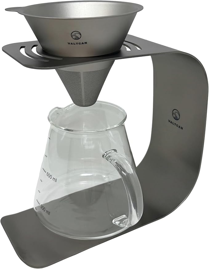 Valtcan Titanium Pour Over Coffee Maker Set – Reusable Metal Filter, Cone Dripper, Mug Stand – Ultralight, Durable, No Plastic, for Camping, Hiking, Home or Office Brewing