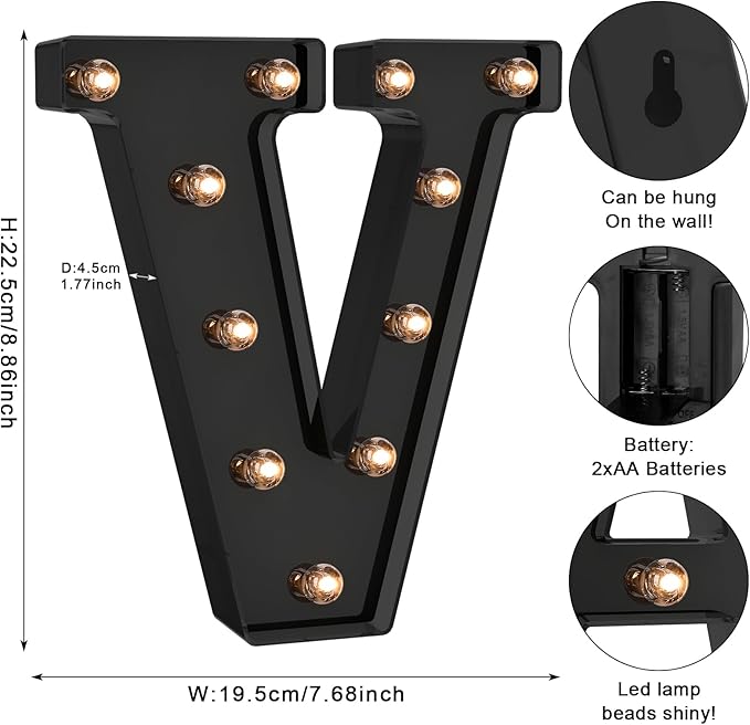 Foaky Black LED Letter Lights for Room Decor - Bedroom Wall Decor, Alphabet Lights for Home, Wedding, Party - Battery Operated （V）