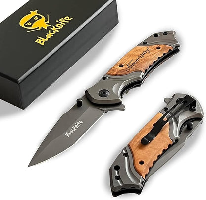 BlacKnife Pocket Knife For Men, Folding Pocket Knife with Wooden Handle and Clip – Ideal Knife for Camping, Hunting, DIY, (Happy Anniversary)