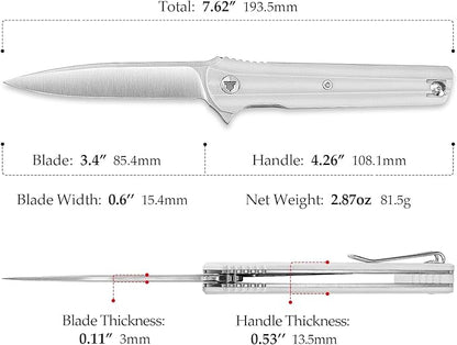 EDC Pocket Knife for Men,Folding Knives with Reversible Clip,Liner Lock 3.4'' Satin 14C28N Steel Blade,White G10 Handle,Seagull-W