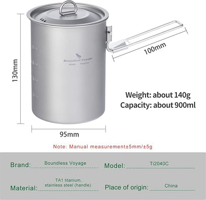 iBasingo 900ml Titanium Camping Cup with Lid Lightweight Portable Camping Pot for Backpacking Hiking Travel Cookware with Stainless Steel Foldable Handle, Ideal for Coffee, Soup, Cooking Ti2040C