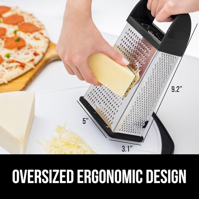 GORILLA GRIP XL 4-Sided Cheese Grater With Container, 100% BPA-Free Stainless Steel Box Graters, Parmesan Shredder, Grate Cheeses, Shred Veggies, Slip Resistant Handle, Dishwasher Safe Zester, Black