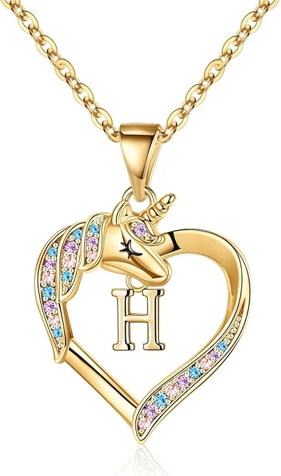 Hidepoo Unicorn Necklace Gifts for Girls - 14K-Gold-Plated Colorful CZ Heart Necklace Girls Jewelry Initial Unicorn Necklaces for Girl Birthday Gifts