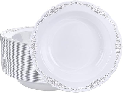 DaYammi 30 Pack Plastic Bowls with Silver Rim, 12oz Disposable Soup Bowls, Heavy Duty Dinner Bowls for Weddings, Parties, Dinners, Catering and Everyday Use