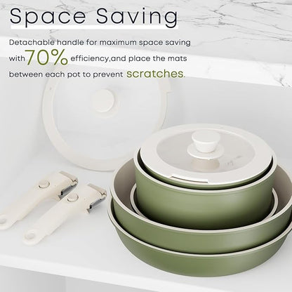 Caannasweis Detachable Nonstick Cookware Set - Stackable Induction Pots and Pans With Removable Handles, Dishwasher Safe - For RV Camping, Oven and Stovetop Use, 5 Pieces (Green)