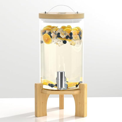 1.2 Gallon Glass Drink Dispenser For Parties, Beverage Dispenser With Bamboo Wood Stand And Stainless Steel Spigot, Countertop Water Dispenser, Lemonade Dispenser For Wedding, Picnic (1PACK)