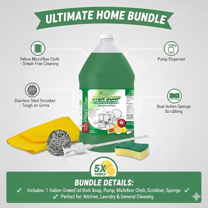 GreenFist Dish Soap Ultimate Kitchen Kit – Pump, Towel, Sponges & Scrubbers, Complete Cleaning Bundle – 1 Gallon, Lemon Scent (1 Gallon + Towel & Steel Scrubber)
