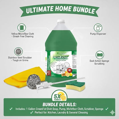 GreenFist Dish Soap Ultimate Kitchen Kit – Pump, Towel, Sponges & Scrubbers, Complete Cleaning Bundle – 1 Gallon, Lemon Scent (1 Gallon + Sponge & Scrubber Kit)