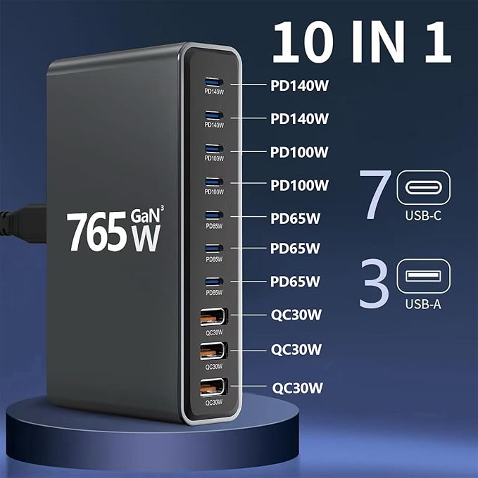 765W 10-Port GaN 3 Desktop Charging Station