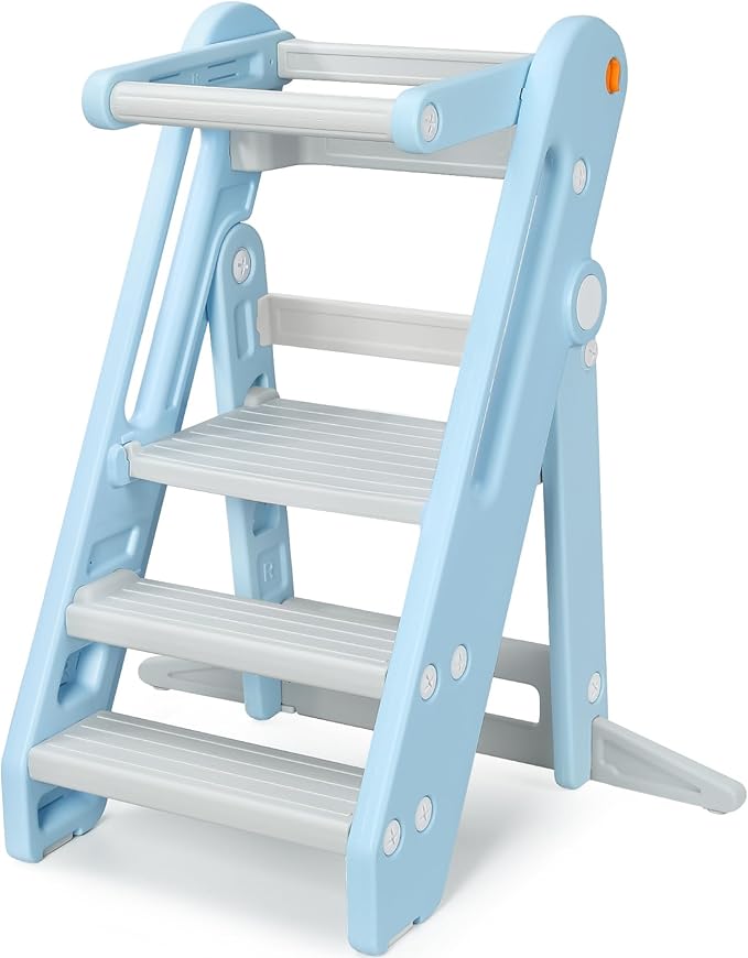 Onasti Toddler Tower Kitchen Stool Helper, Foldable & Adjustable Height Kids Learning Stool for Kitchen Counter Bathroom Sink, Child Ladder for Toddlers with Handles, Safty Rail, Non-Slip Pads-Blue
