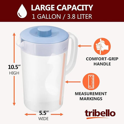Tribello 1 Gallon Pitcher with Lid, Freezer/Dishwasher Safe, and BPA Free