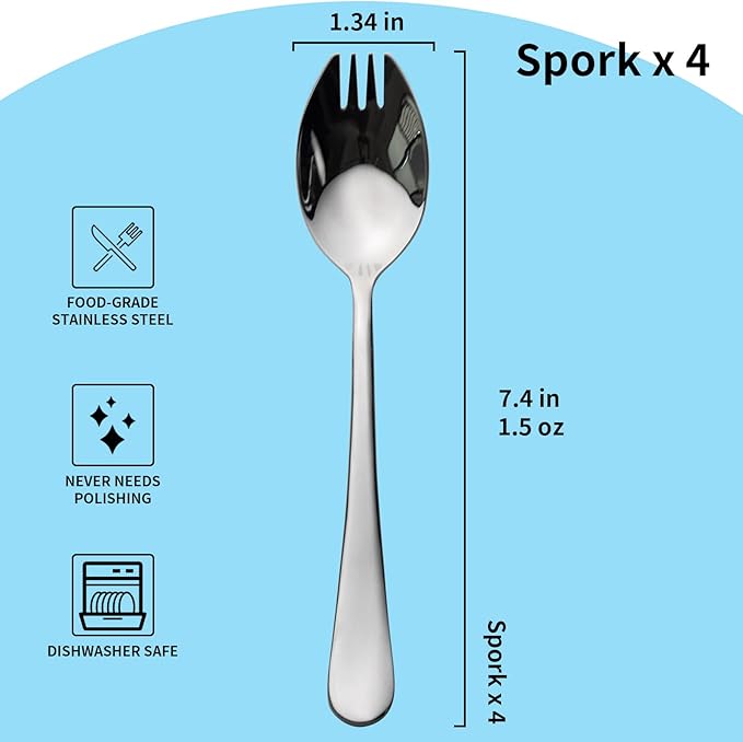 Alata Sporks, 4-Pack Food-grade Stainless Steel Sporks, 7.4 Inches Long Handle Salad Forks For Dessert, Ice Cream, Salad, Soup, Noodle, Spaghetti, Dishwasher Safe