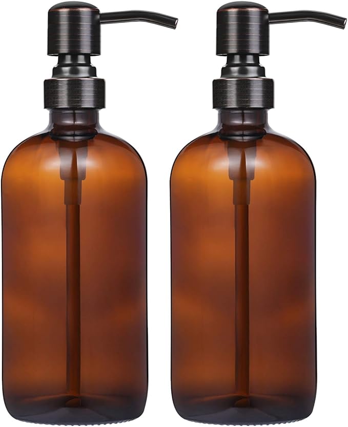 2 Pack 16 Ounce Boston Round Glass Bottles Soap Dispenser
