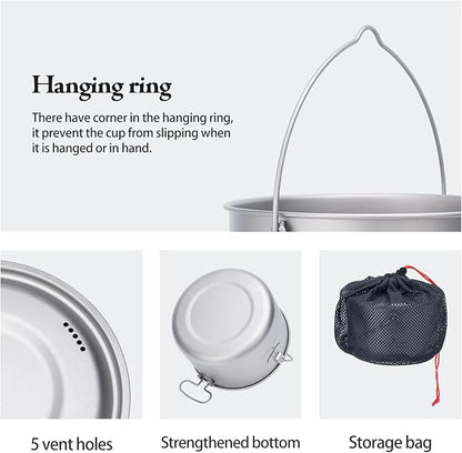 Boundless Voyage Titanium Hanging Pot for Outdoor Camping Backpacking Hiking Ultralight Portable Cooking Pot Camp Kitchen Cookware 1300ML/1950ML/2900ML