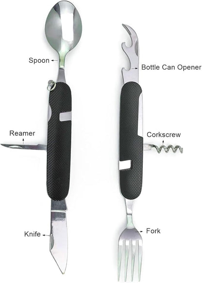 6-in-1 Multi-Function Camping Utensil Flatware Set Detachable Spoon Fork Knife Combo Mess Kit with Carrying Pouch (Black + Gold + Green)