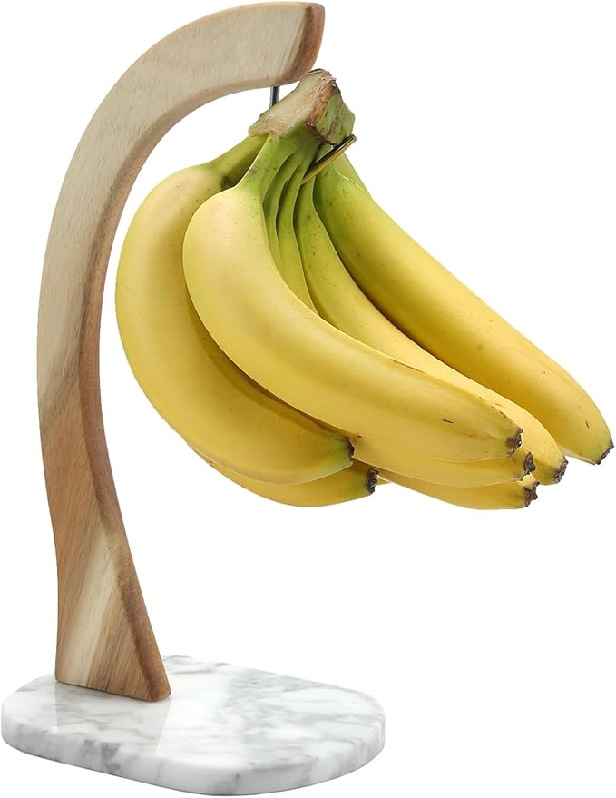 Everous Banana Hanger Stand with Acacia Wood & Marble Base