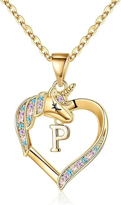 Hidepoo Unicorn Necklace Gifts for Girls - 14K-Gold-Plated Colorful CZ Heart Necklace Girls Jewelry Initial Unicorn Necklaces for Girl Birthday Gifts