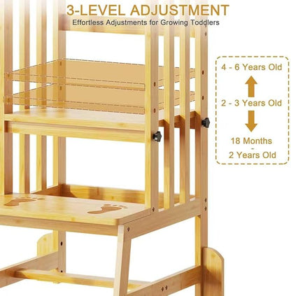 Kids Kitchen Step Stool, Toddler Standing Tower Adjustable Height with Anti-Slip Feet, Toddlers Learning Step Stool Helper for Kitchen Counter or Bathroom Sink, Natural Bamboo