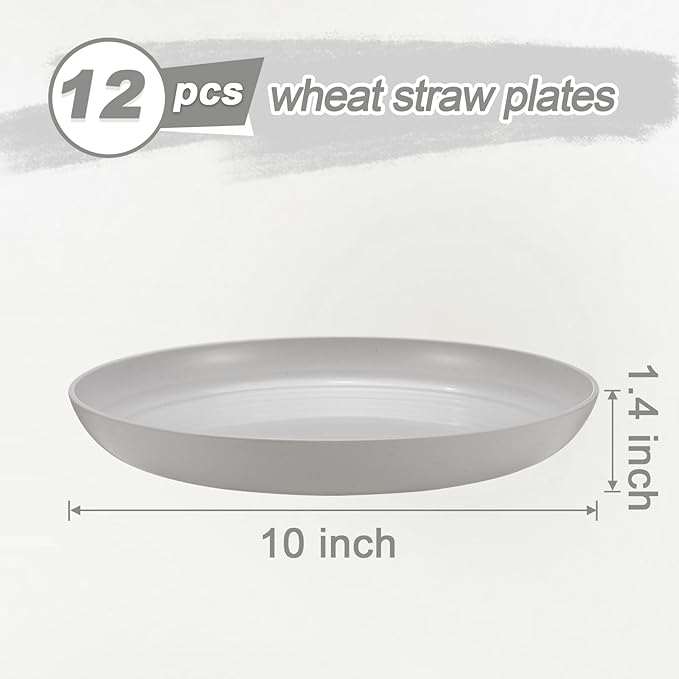12 Pcs Unbreakable Deep Dinner Plates Set, 10 inch Reusable Plastic Wheat Straw Plates, Microwave and Dishwasher Safe Plate for Kitchen, Lightweight Plate for Dessert, BPA Free, White Gray