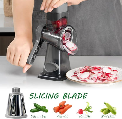Cheese Grater Hand Crank Rotary Vegetables Shredder with Handle, 3-in-1 Graters with Interchangeable Blades and Strong Suction Base Multifunctional Slicer for Kitchen